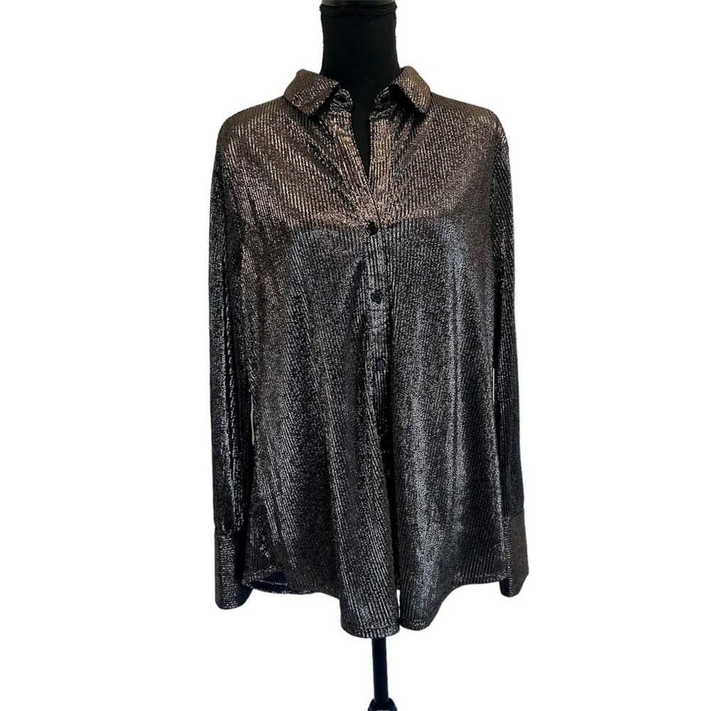 Tamara H. Black bronze metallic glitter long sleeve button front evening blouse